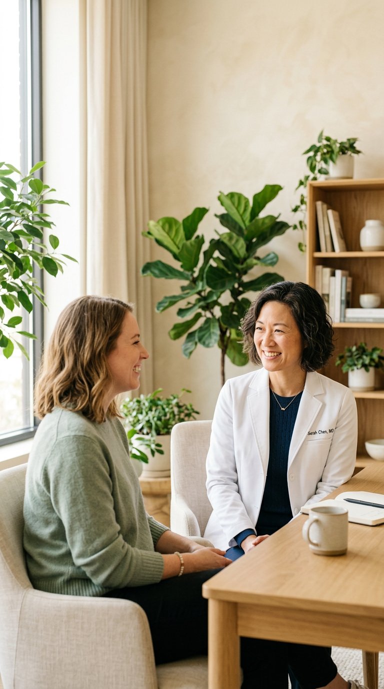 A clinician and patient share a warm conversation in a bright care space